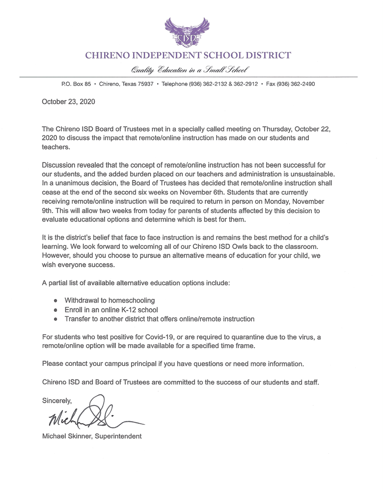 Remote Learning Letter