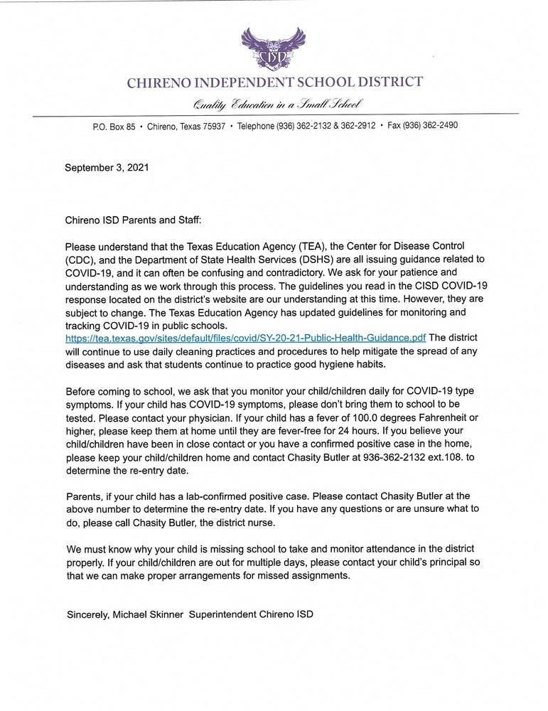 Letter on COVID Procedures